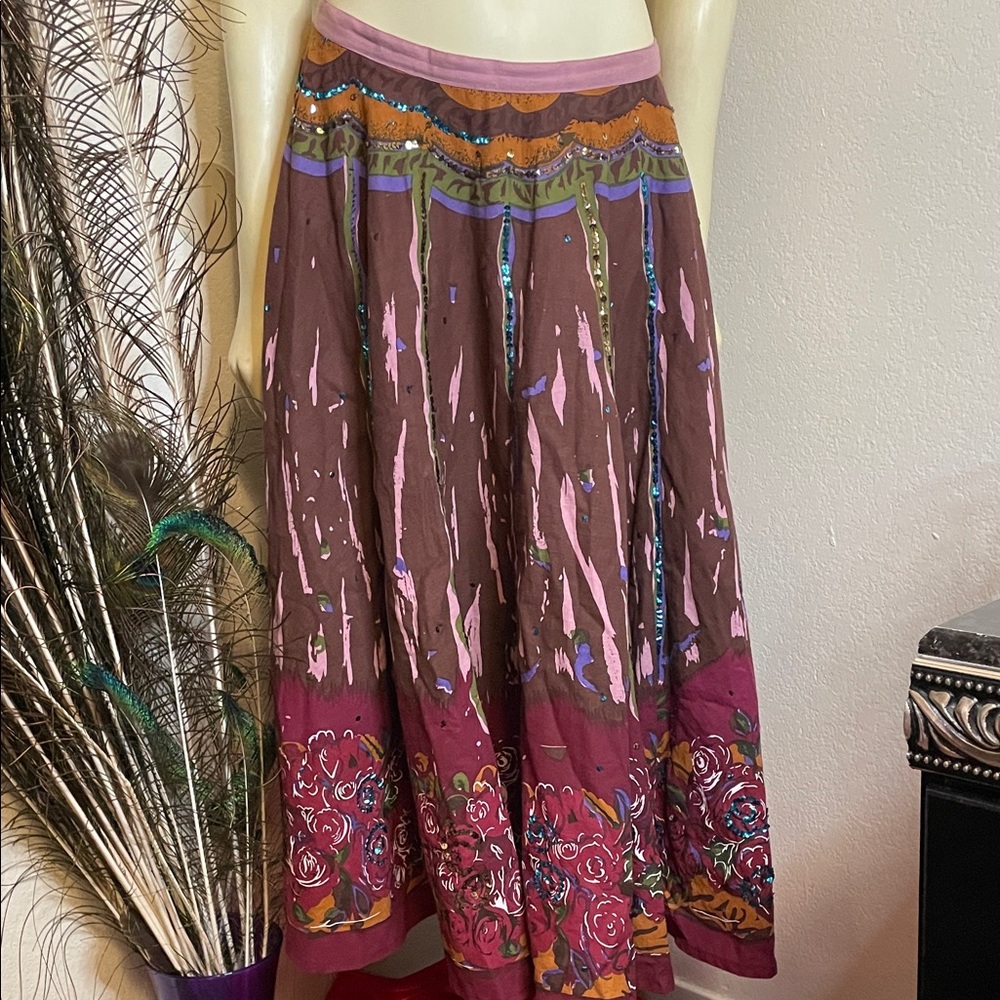 Wet Seal Artistic Midi Skirt - Brown and Pink